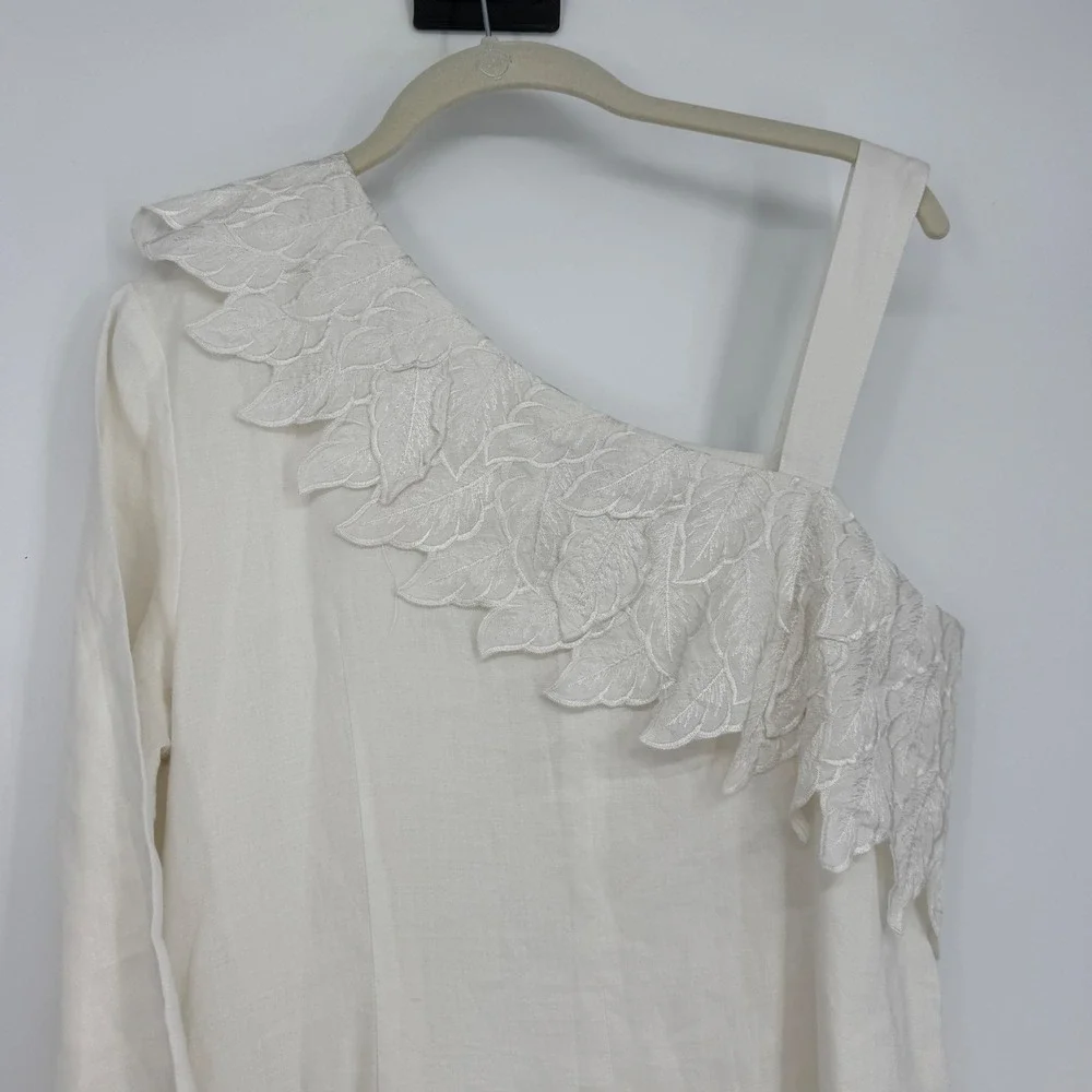 Vintage JSong White 100% Linen One Shoulder‎ Embroidered Leaf Maxi Dress 8